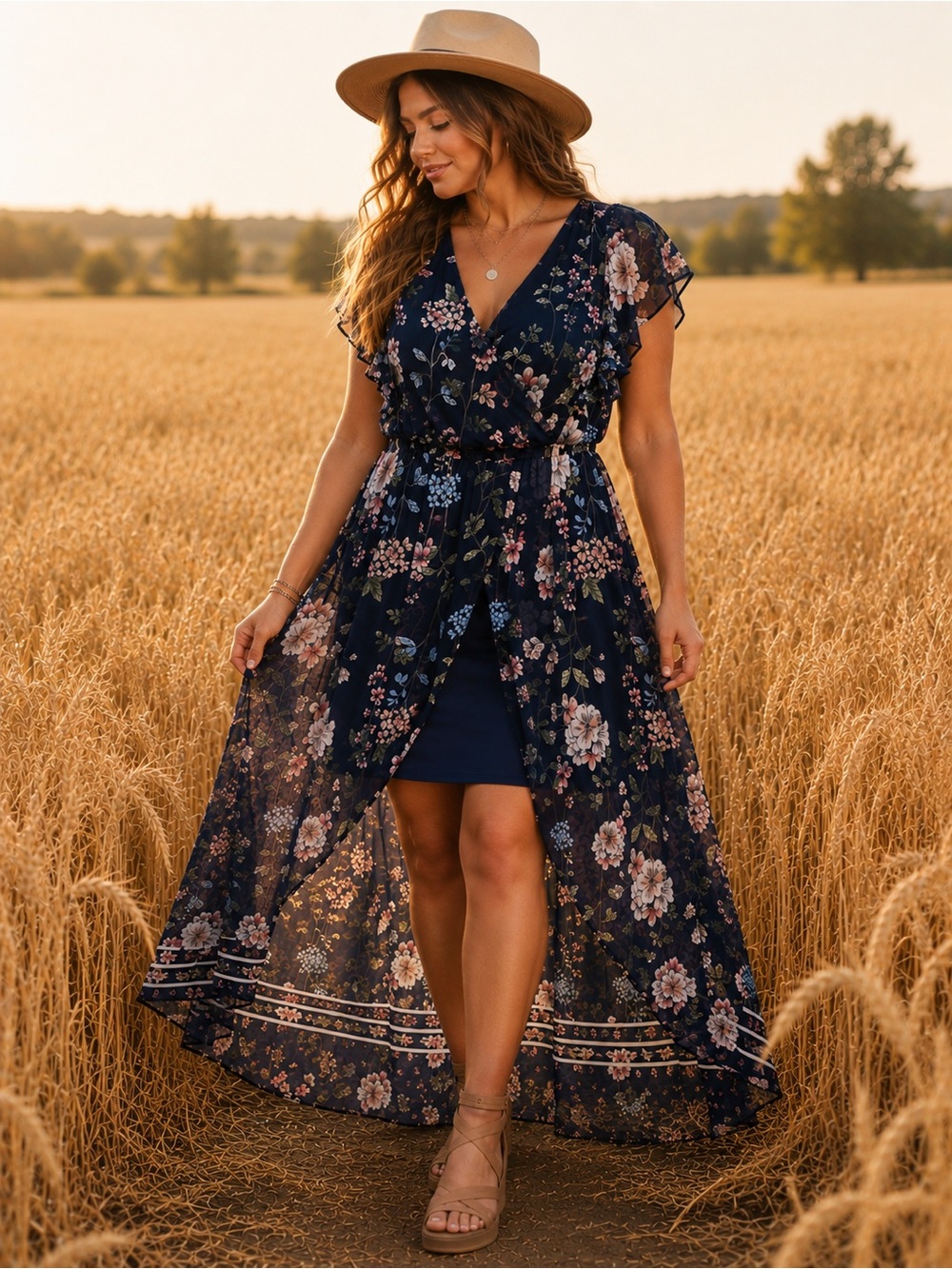 Maurice’s Navy Floral High-Low Maxi Dress – Size Large 12/14
